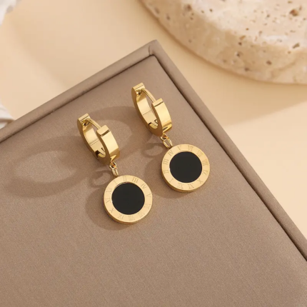 Waterproof 18k Gold Plated White Roman Numeral Pendant Earrings Code-24