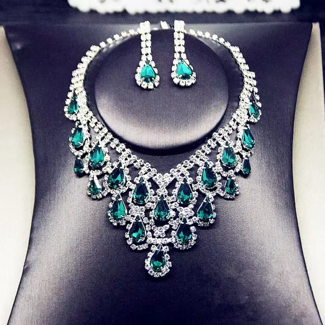 1742770465669 Bridal Crystal Diamond Necklace Earring Jewelry Set Green Code-32 - Image 1
