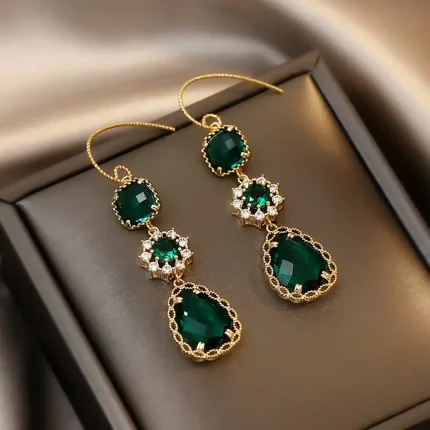 18k Gold Plated Green Round Square Zircon Hook Earrings Dark Green Code-77