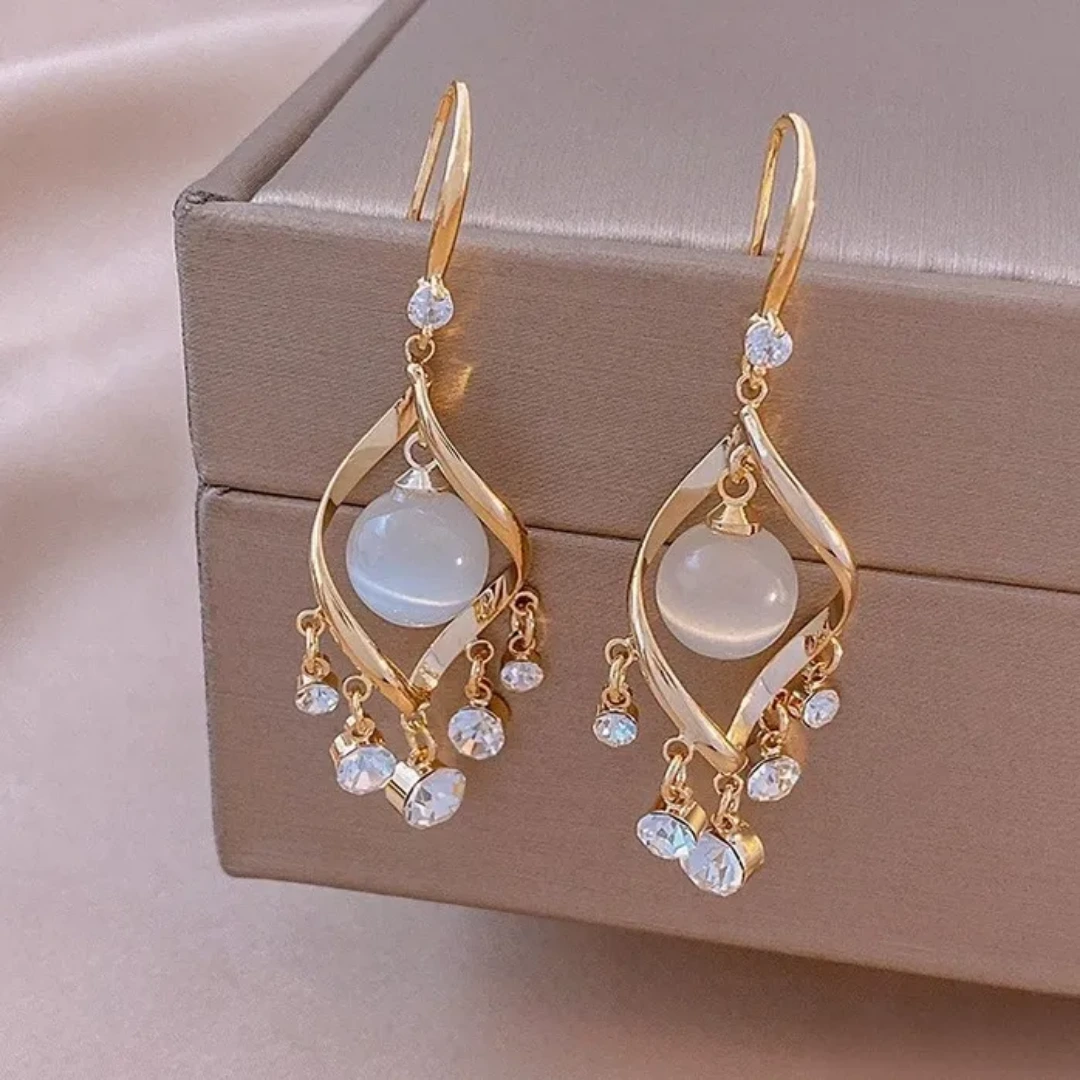 1748957805482 French Tassel Opal Flash Diamond Pearl Earrings Personality Drop Earrings Gold Code-46 - Image 1