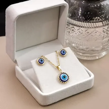 18K Gold Plated Blue Turkish Rhinestone Stainless Steel Evil Eyes Round Earrings Necklace Code- 78