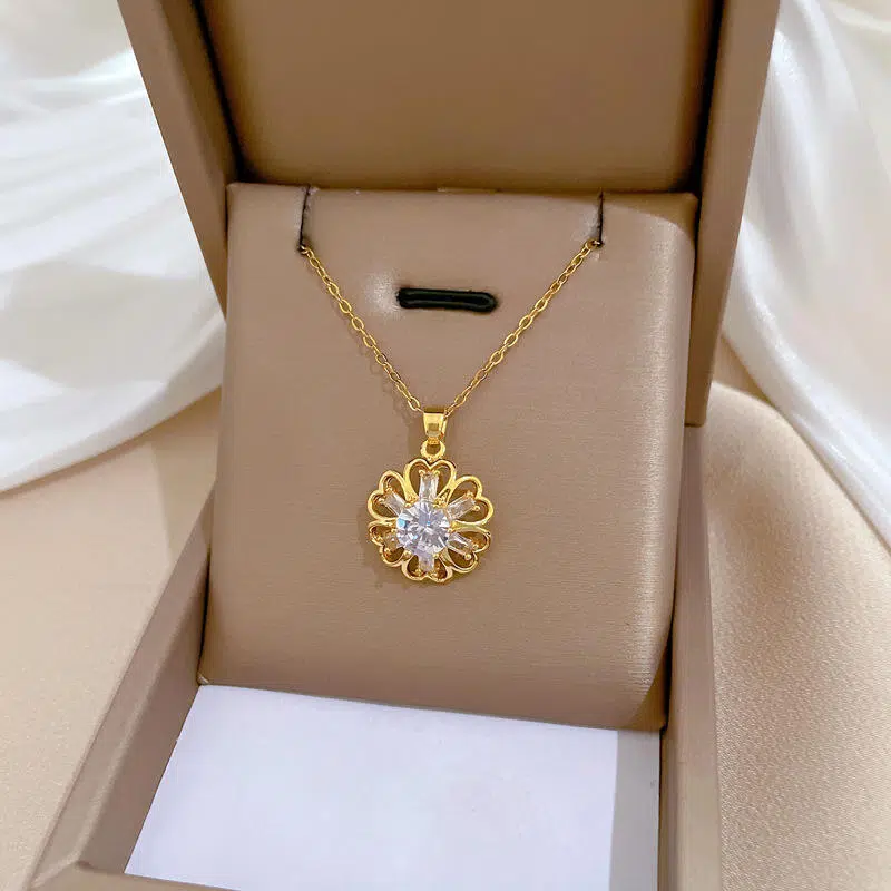 Hf37f82b064244ccc90697ec015d59fb3X Light Luxury Titanium Steel Full Diamond Hollow Flower Crystal Pendant Code-138 - Image 1