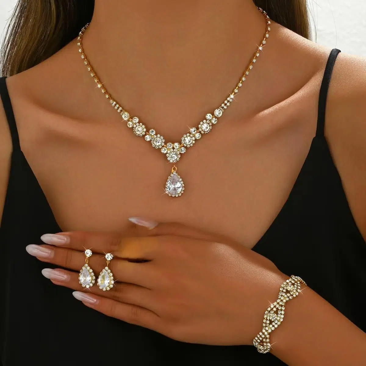 H1c27c79dfa5f49fc89158c80b29468d16 Water Drops Zircon Necklace Bracelet Earrings Parties Engagements Code-152 - Image 1