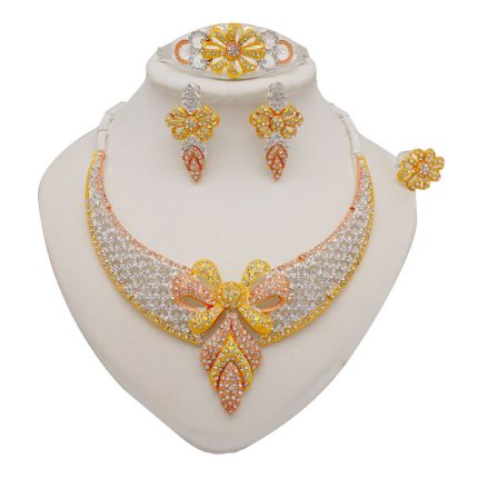 18k Gold Plated Luxury Women Jewelry with Stones Necklace Earrings Ring Bracelet 4 Pieces Set Code-207